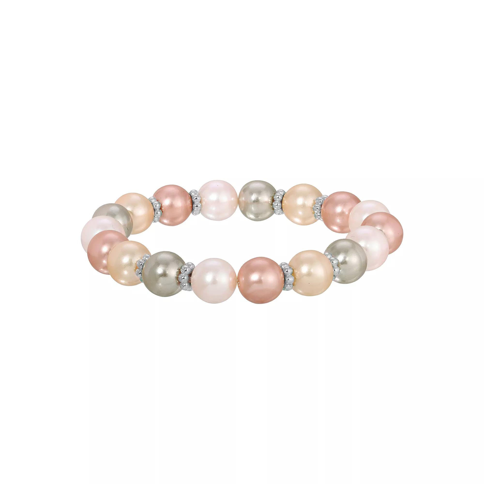 1928 Silver Tone Multi Color Simulated Pearl Stretch Bracelet, Women's Product Image