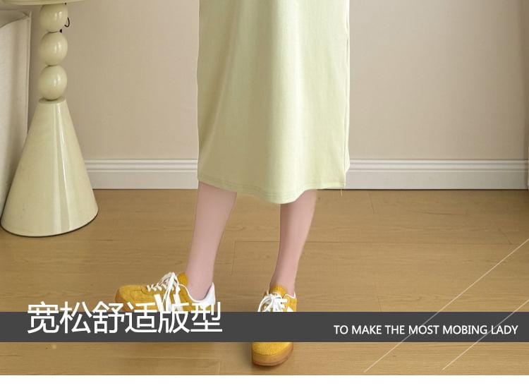 Maternity Short Sleeve Crew Neck Plain Cutout Panel Midi A-Line Dress Product Image