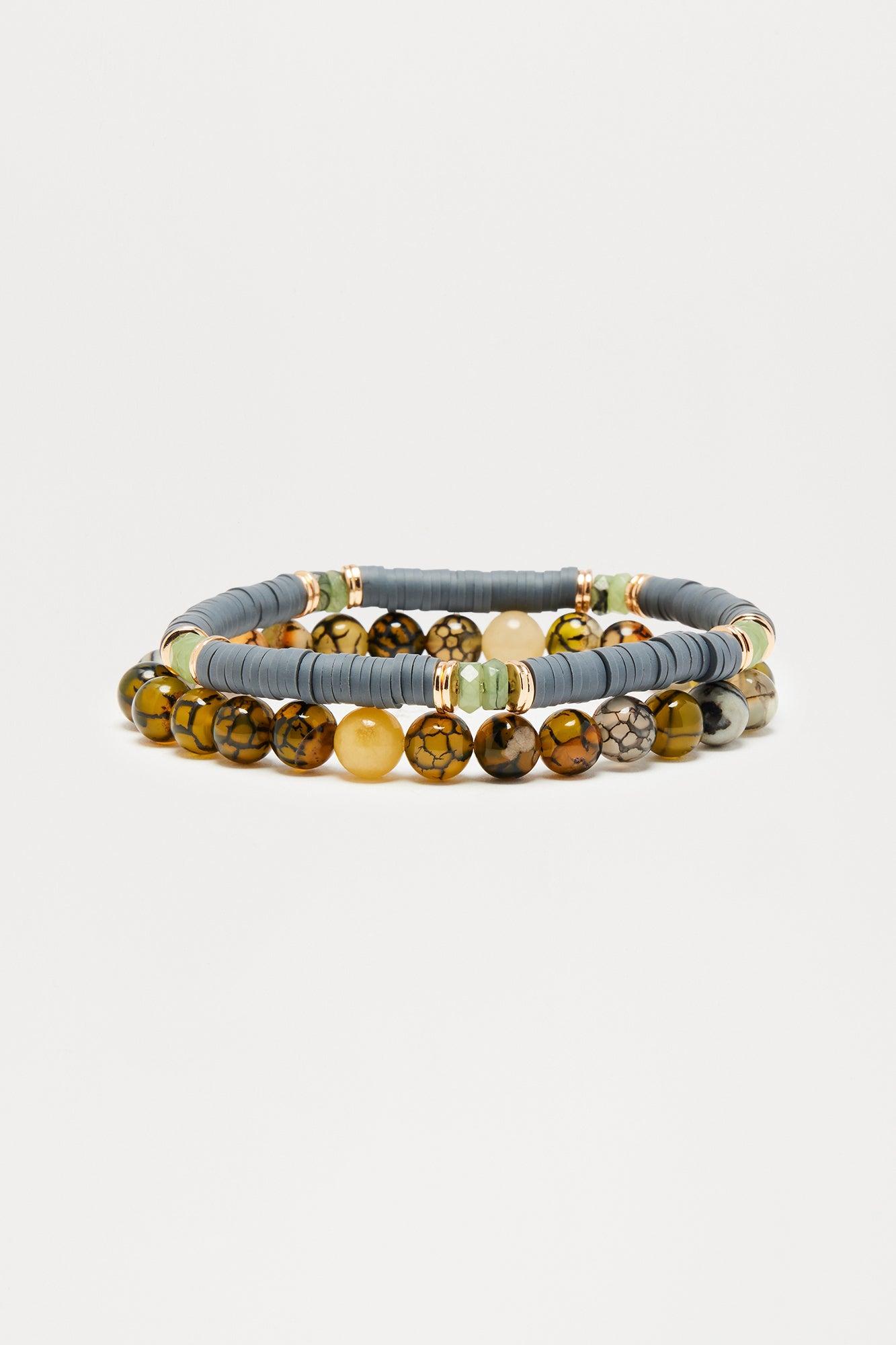 Cove Beaded Bracelet Set - Black/Green Product Image