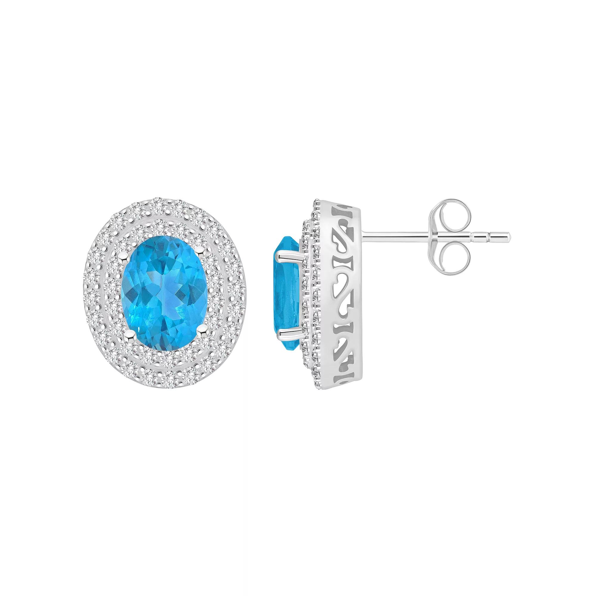 Celebration Gems Sterling Silver Oval-Cut Swiss Blue Topaz & White Topaz Double Halo Stud Earrings, Women's Product Image