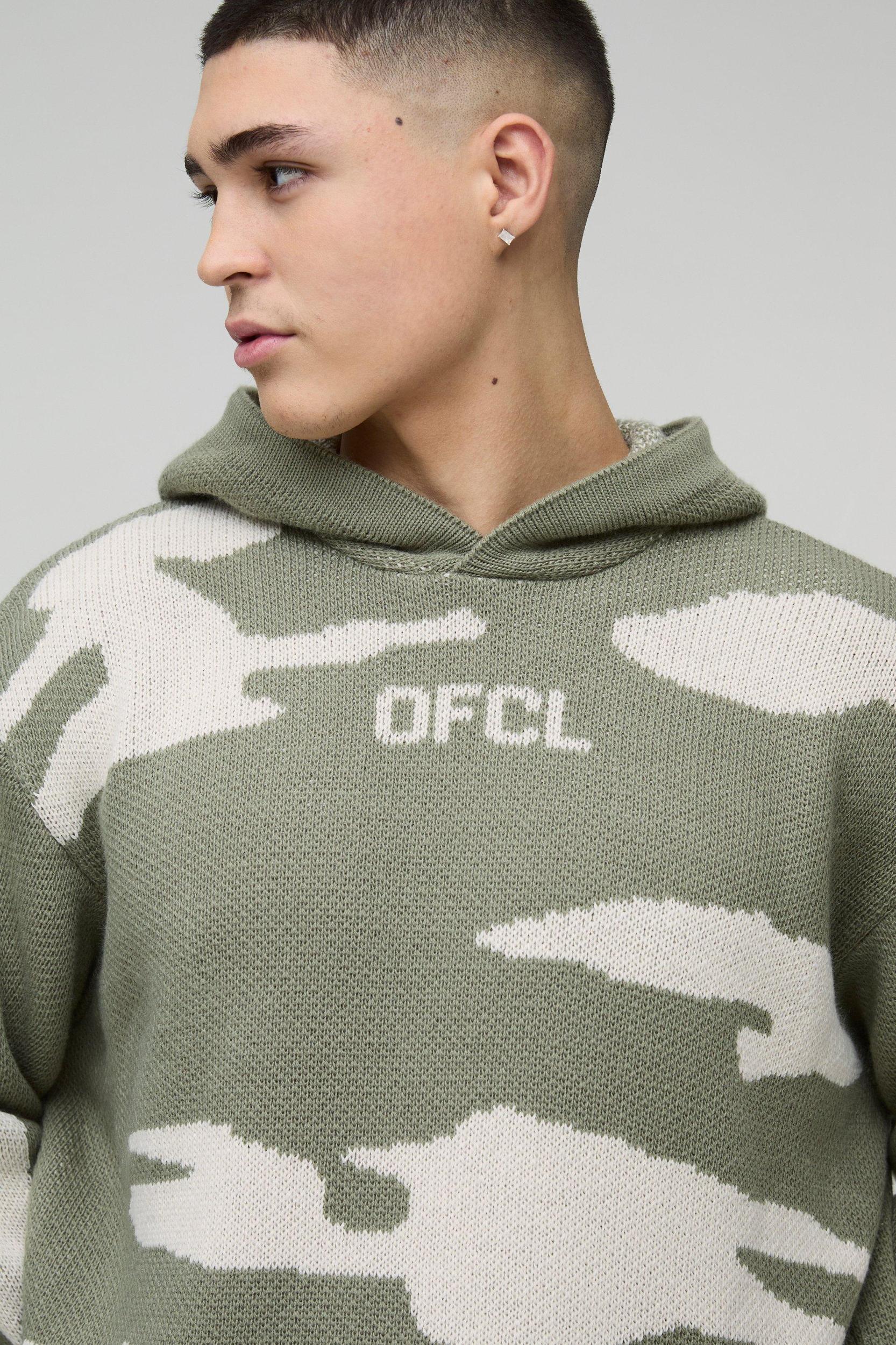 Ofcl Oversized Camo Raw Hem Knitted Hoodie | boohooMAN USA Product Image
