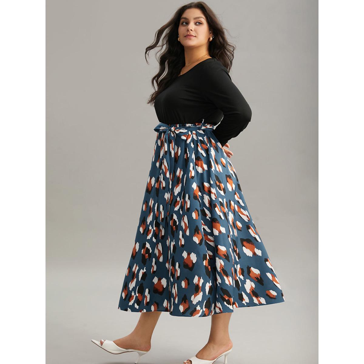 Plus Size Allover Print Patchwork Belted Pocket Dress Black Women Office Printed Round Neck Long Sleeve Curvy Midi Dress BloomChic 18-20/2X Product Image