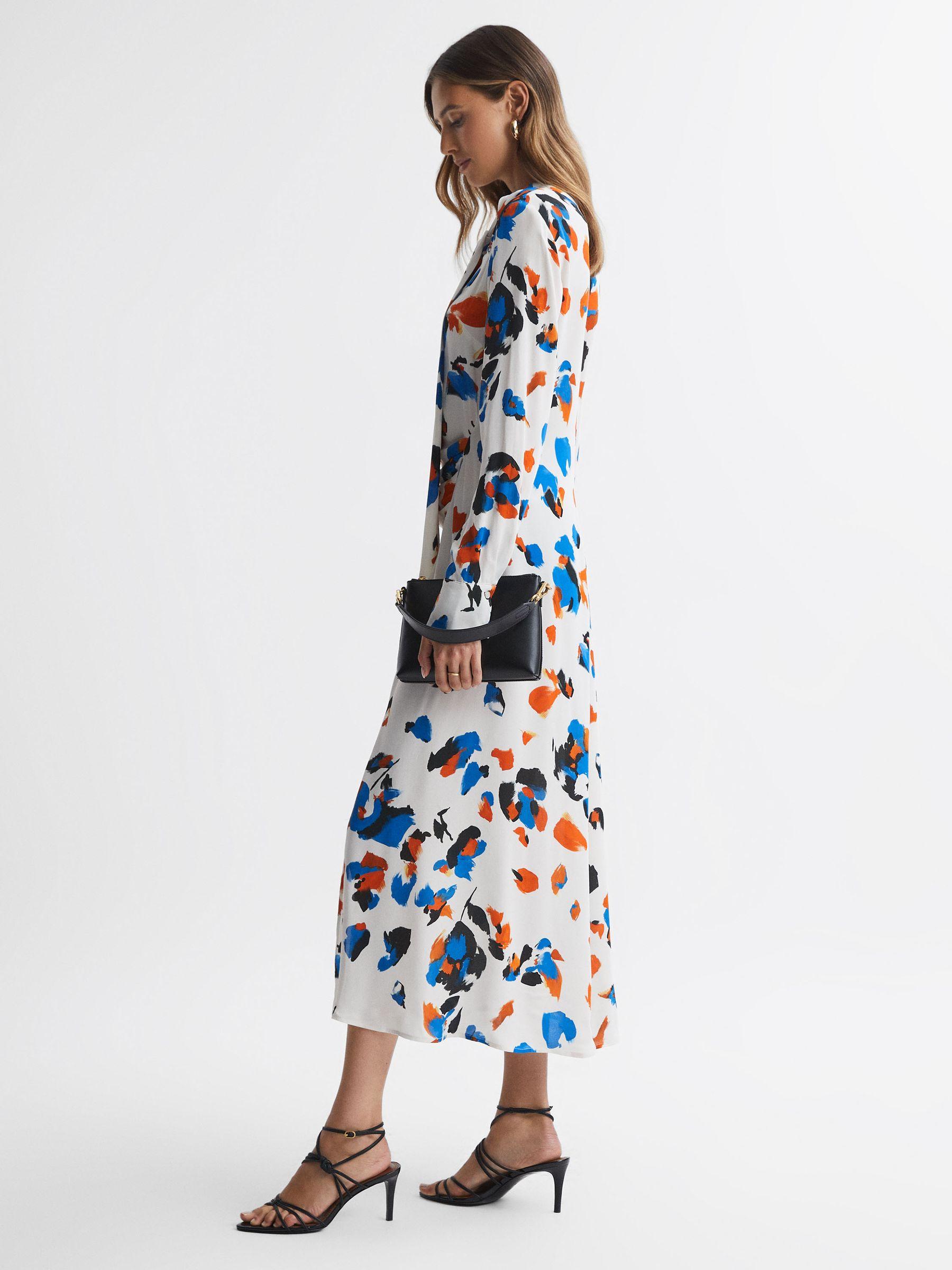 Printed Tie Neck Midi Dress in Blue Product Image
