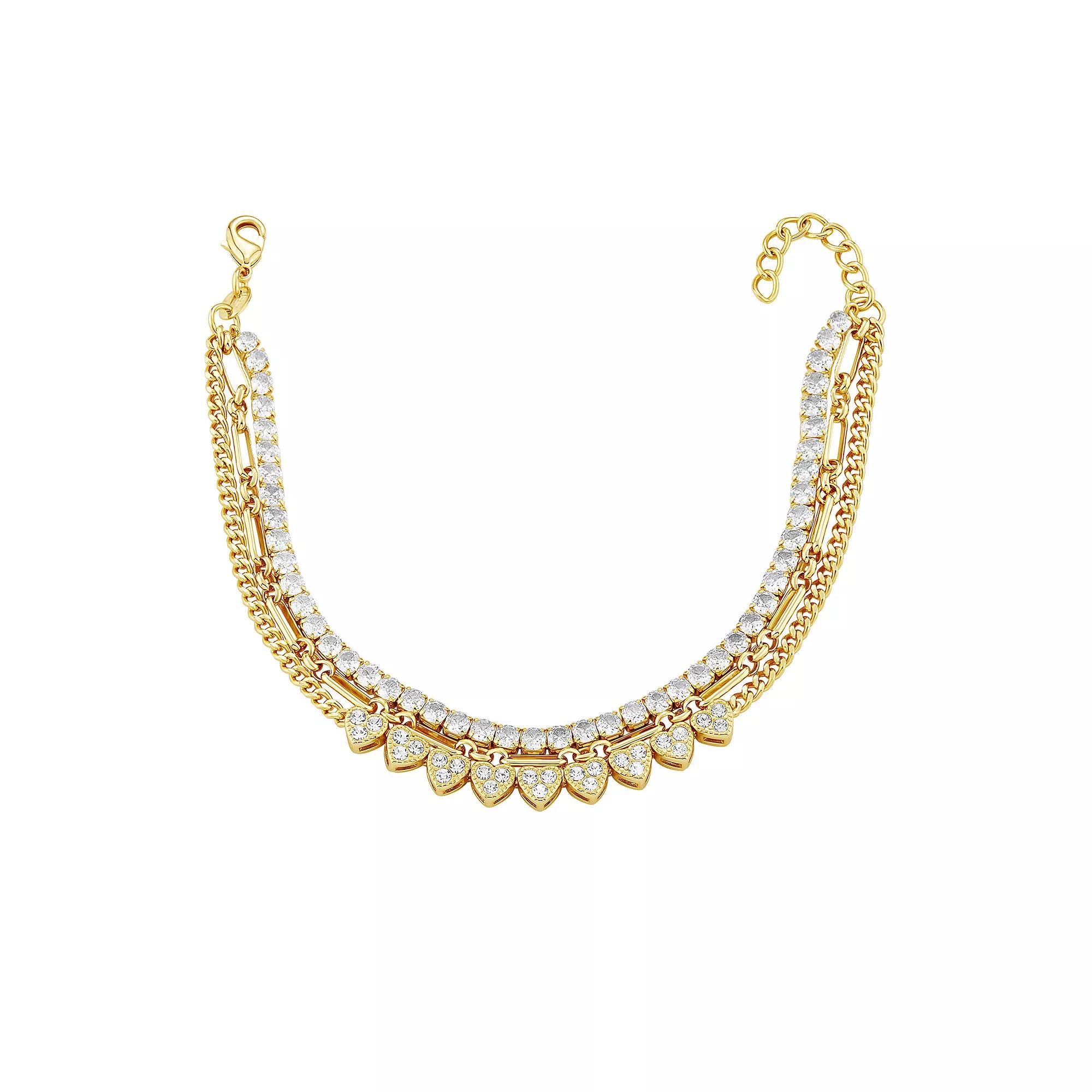 Brilliance 18k Gold Flash Plated Cubic Zirconia Triple Heart Tennis Bracelet, Women's, Size: 7.5", Gold Tone White Product Image