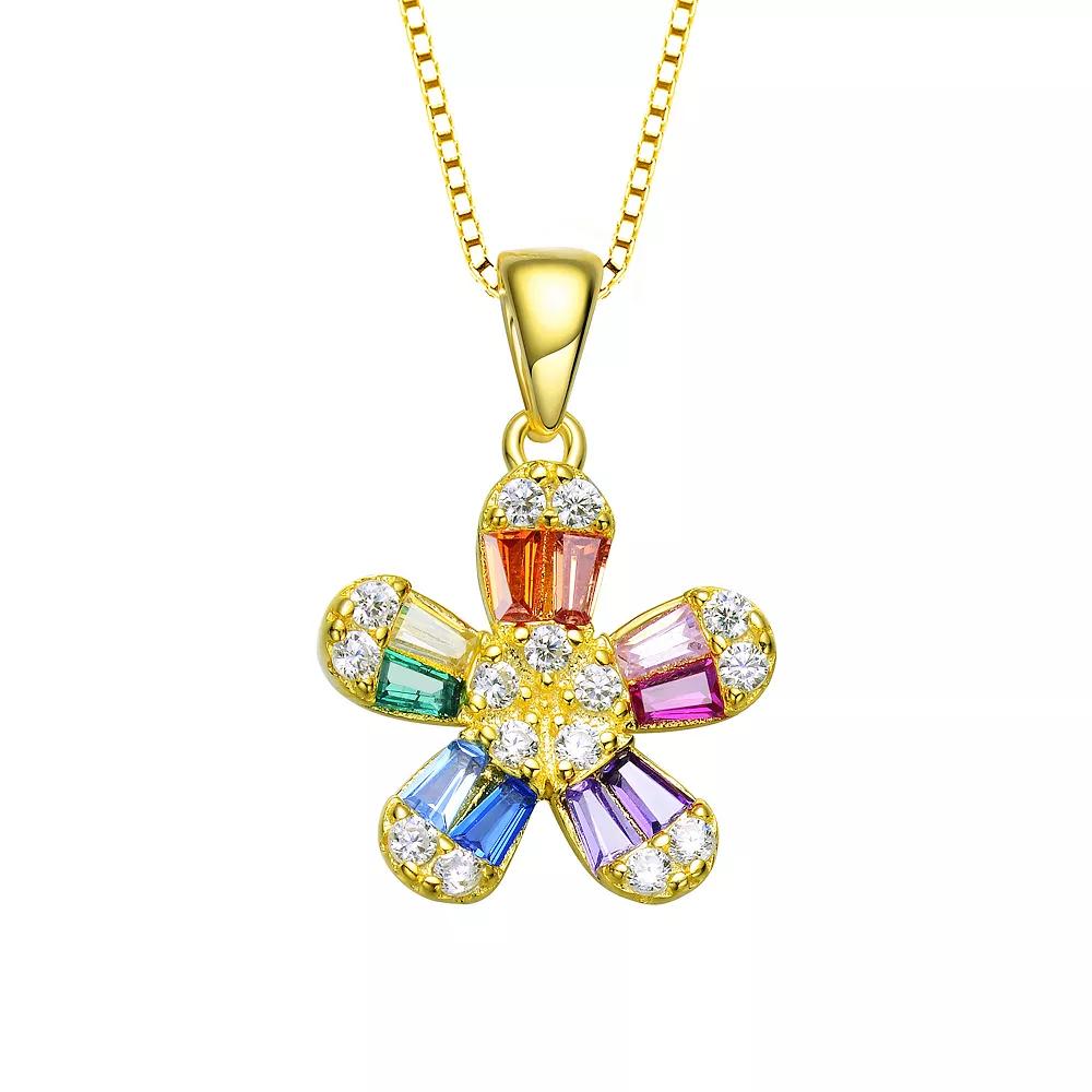 14k Gold Over Silver Multi Color Cubic Zirconia Baguette Flower Pendant Necklace, Womens Gold Tone Product Image