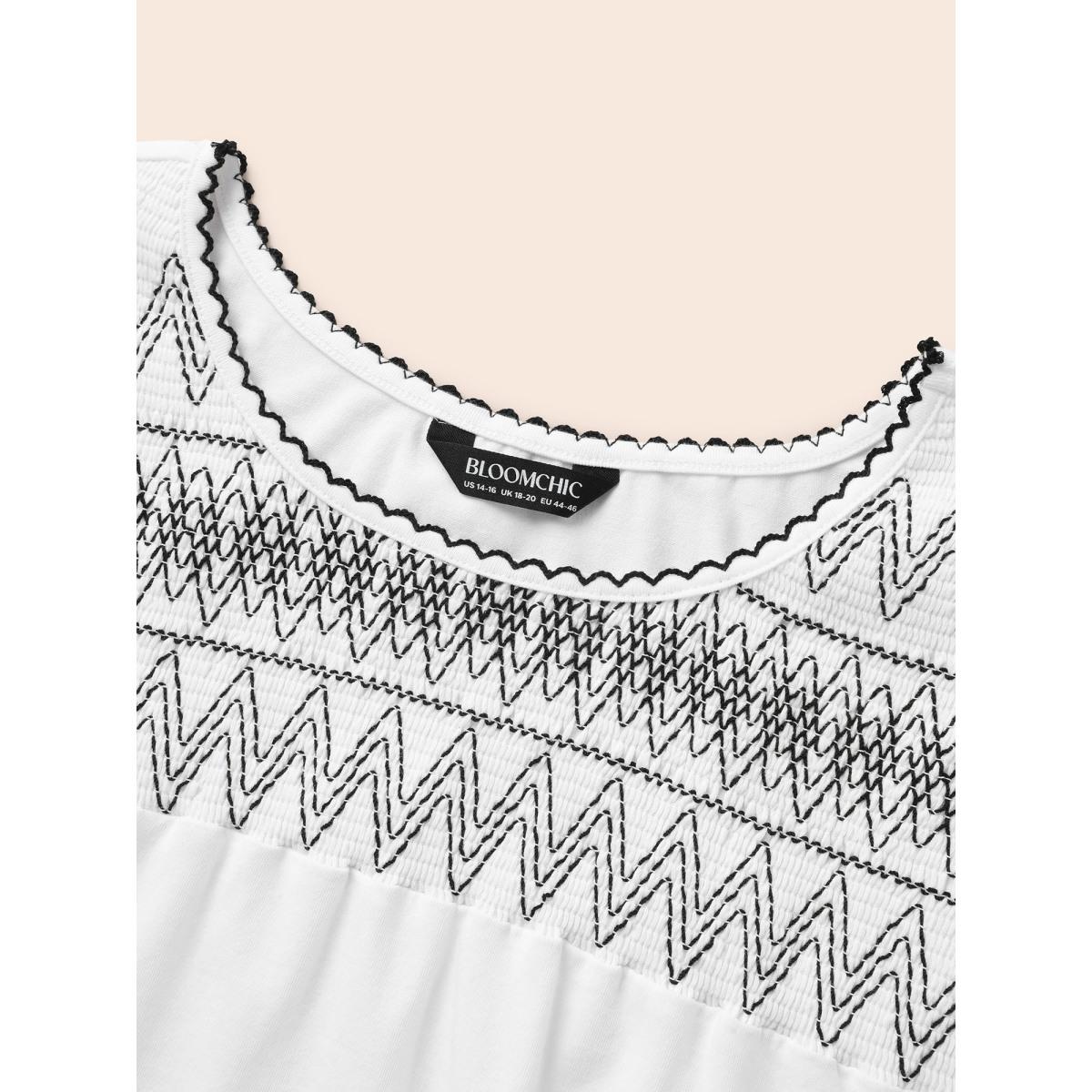 Plus Size Round Neck Embroidered Shirred T-shirt Originalwhite Women Resort Woven ribbon&lace trim Art&design Round Neck Vacation T-shirts BloomChic 12/L Product Image