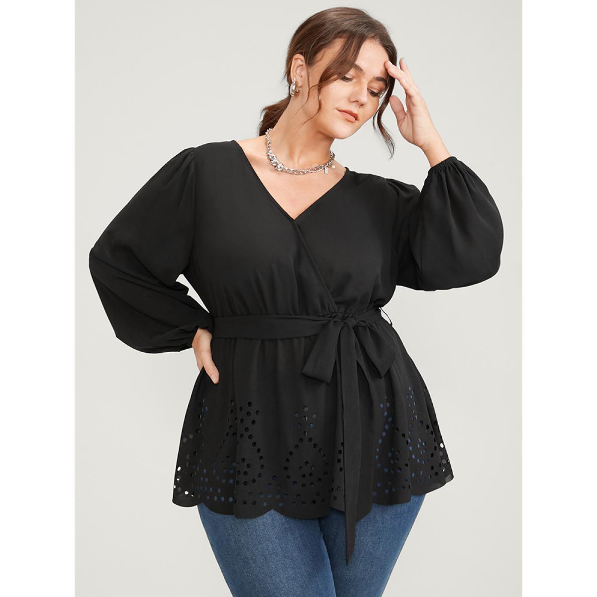 Plus Size Black Solid Wrap Lantern Sleeve Laser Cut Belted Blouse Women Office Long Sleeve V-neck Work Blouses BloomChic 26/4X Product Image