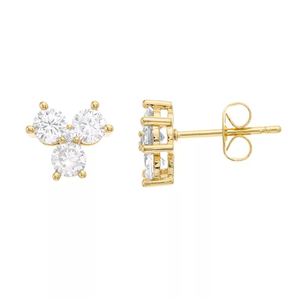 Sterling Silver Cubic Zirconia Clover Stud Earrings, Womens, Gold Tone Product Image