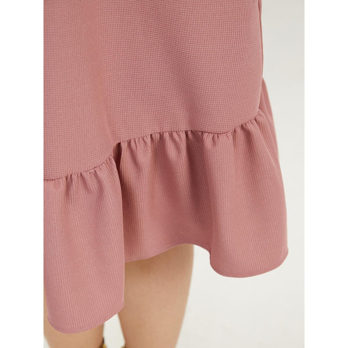 Plus Size Plain Waffle Knit Pleated Texture Ruffle Hem Dress Rouge Women Casual Elastic cuffs V-neck Long Sleeve Curvy Midi Dress BloomChic 30/6X Product Image