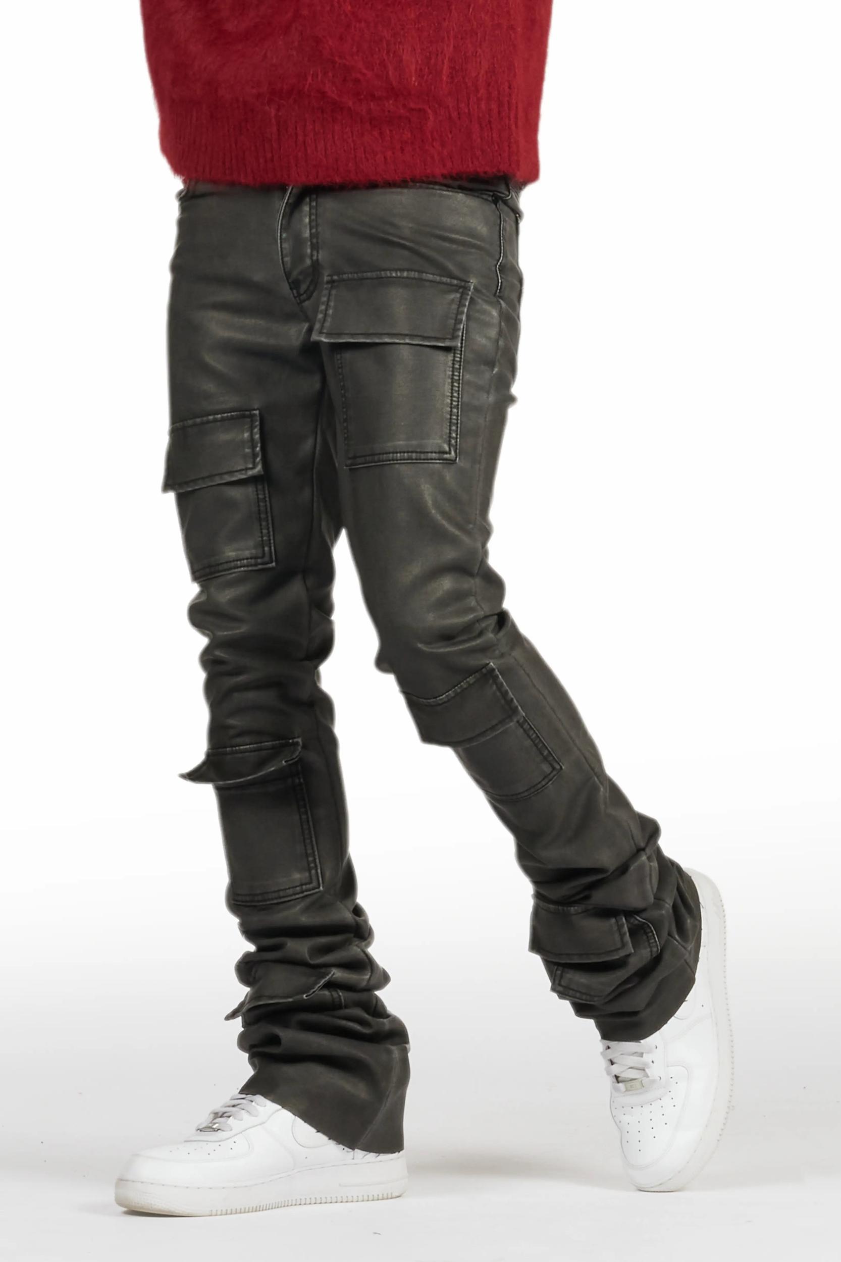 Petrus Black PU Stacked Flare Leather Jean Male Product Image