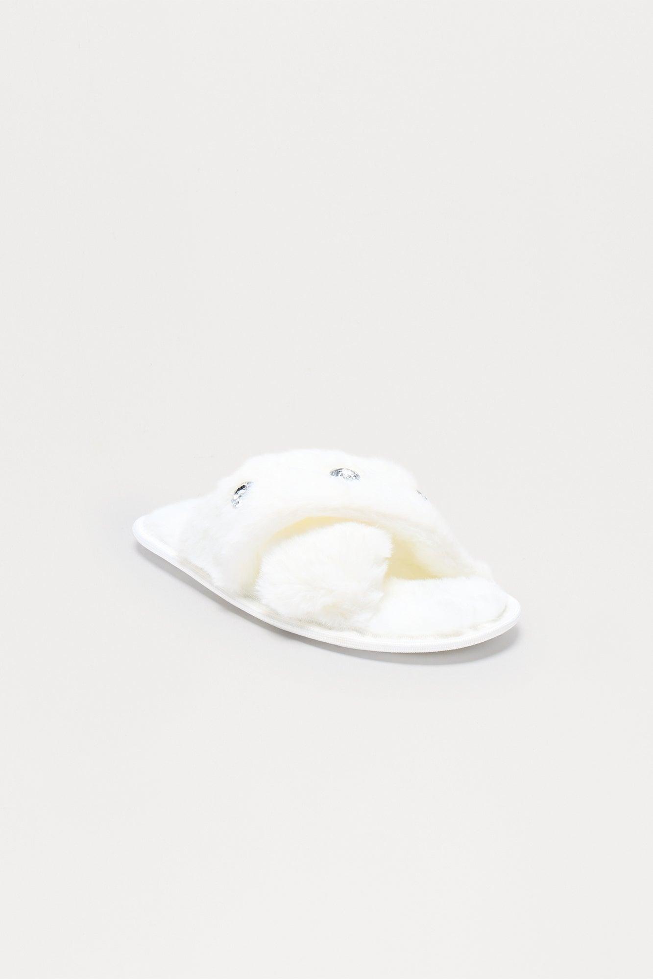 Piper Rhinestone Faux Fur Slippers - White Female Product Image