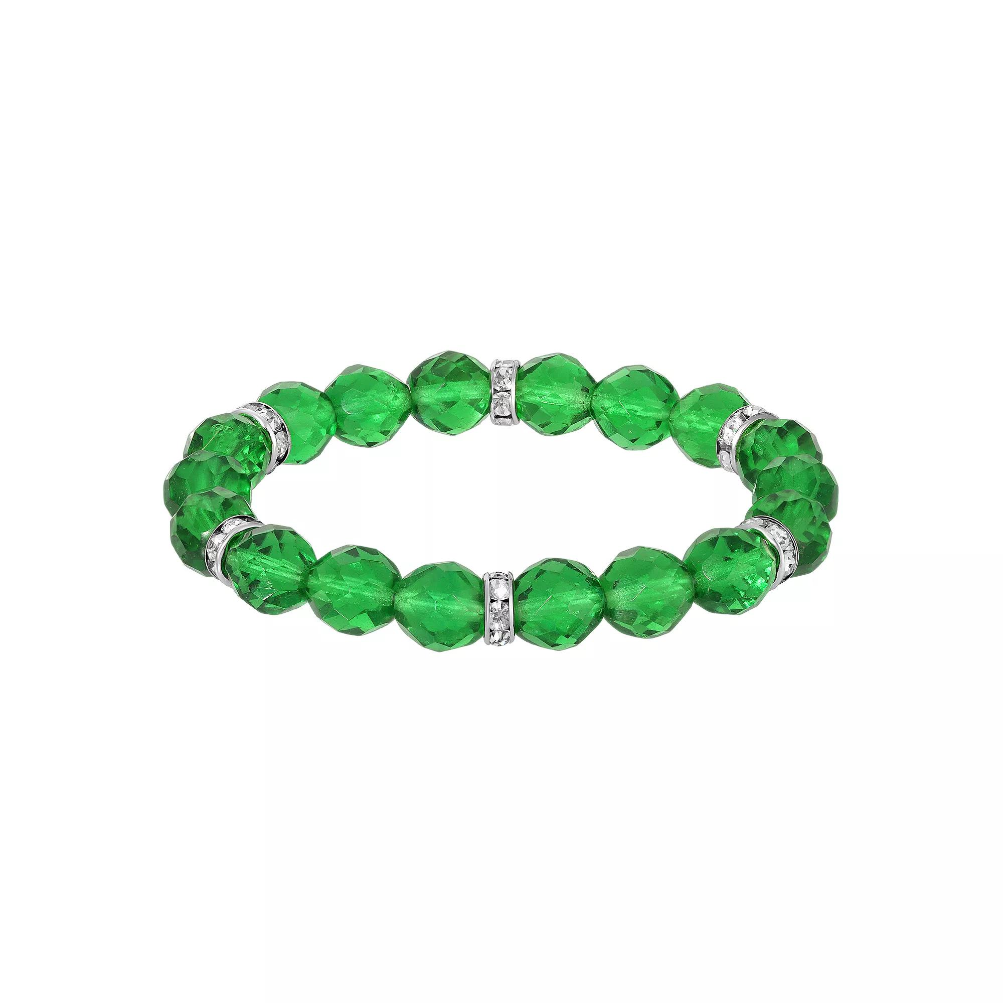 1928 Silver Tone Crystal Bead Stretch Bracelet, Women's, Green Product Image