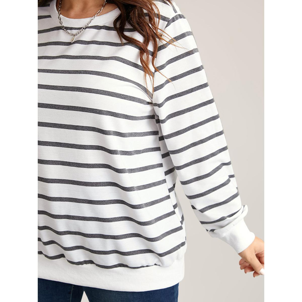 Plus Size Rib Knit Striped Round Neck Sweatshirt Women White Casual Non Round Neck Everyday Sweatshirts BloomChic 22-24/3X Product Image