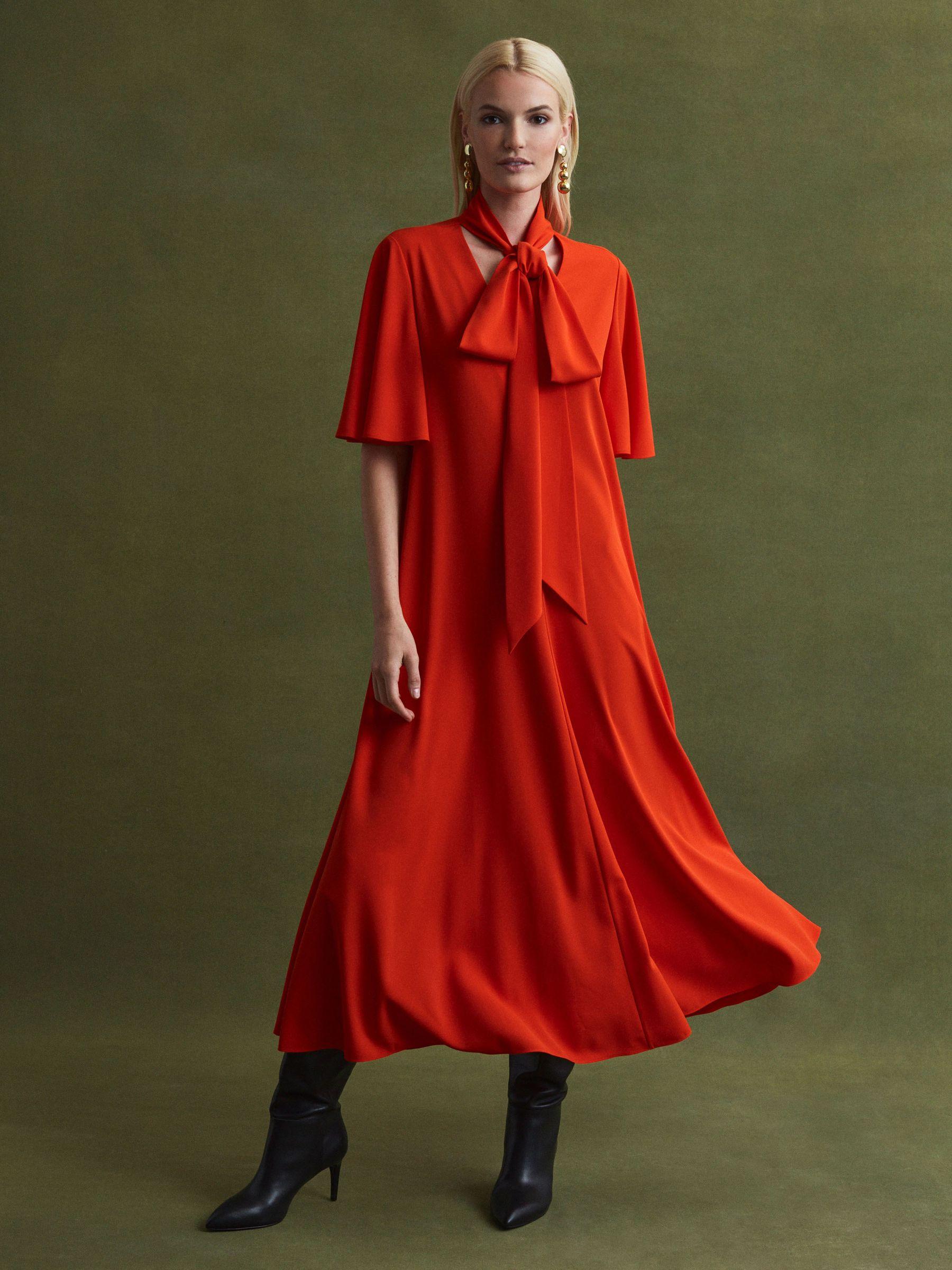 Florere Tie Neck Midi Dress in Bright Orange Product Image