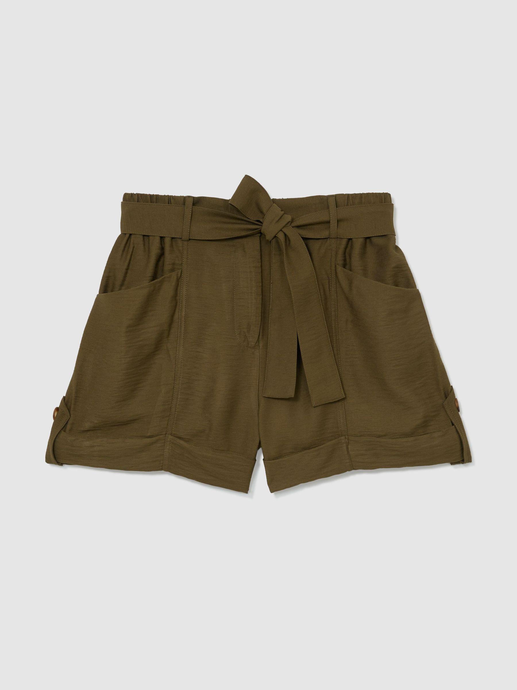 Belted Button-Tab Shorts in Khaki Green Product Image