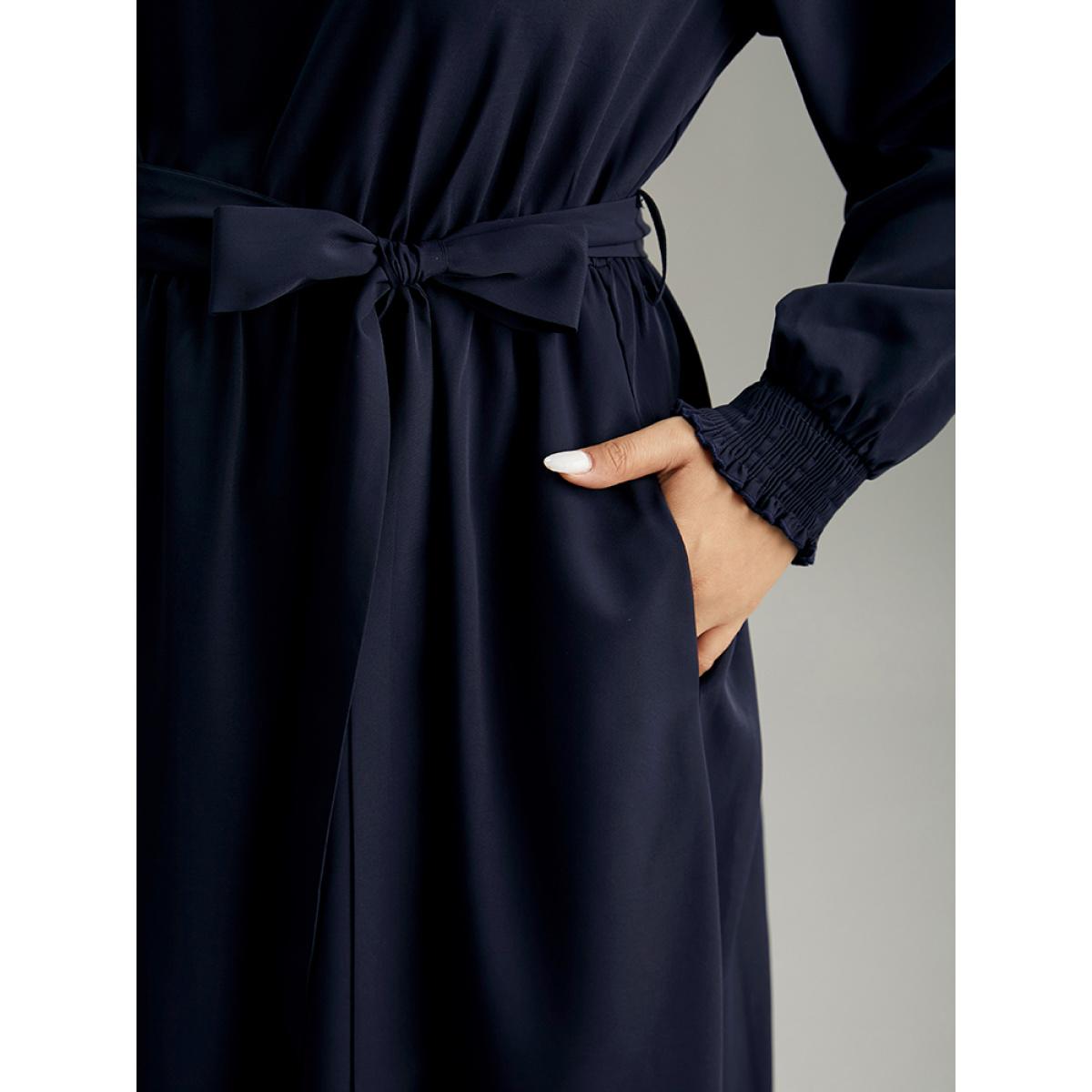 Plus Size Anti-Wrinkle Plain Shirred Mock Neck Belted Dress DarkBlue Women Elegant Elastic cuffs Mock Neck Long Sleeve Curvy Midi Dress BloomChic 30/6X Product Image