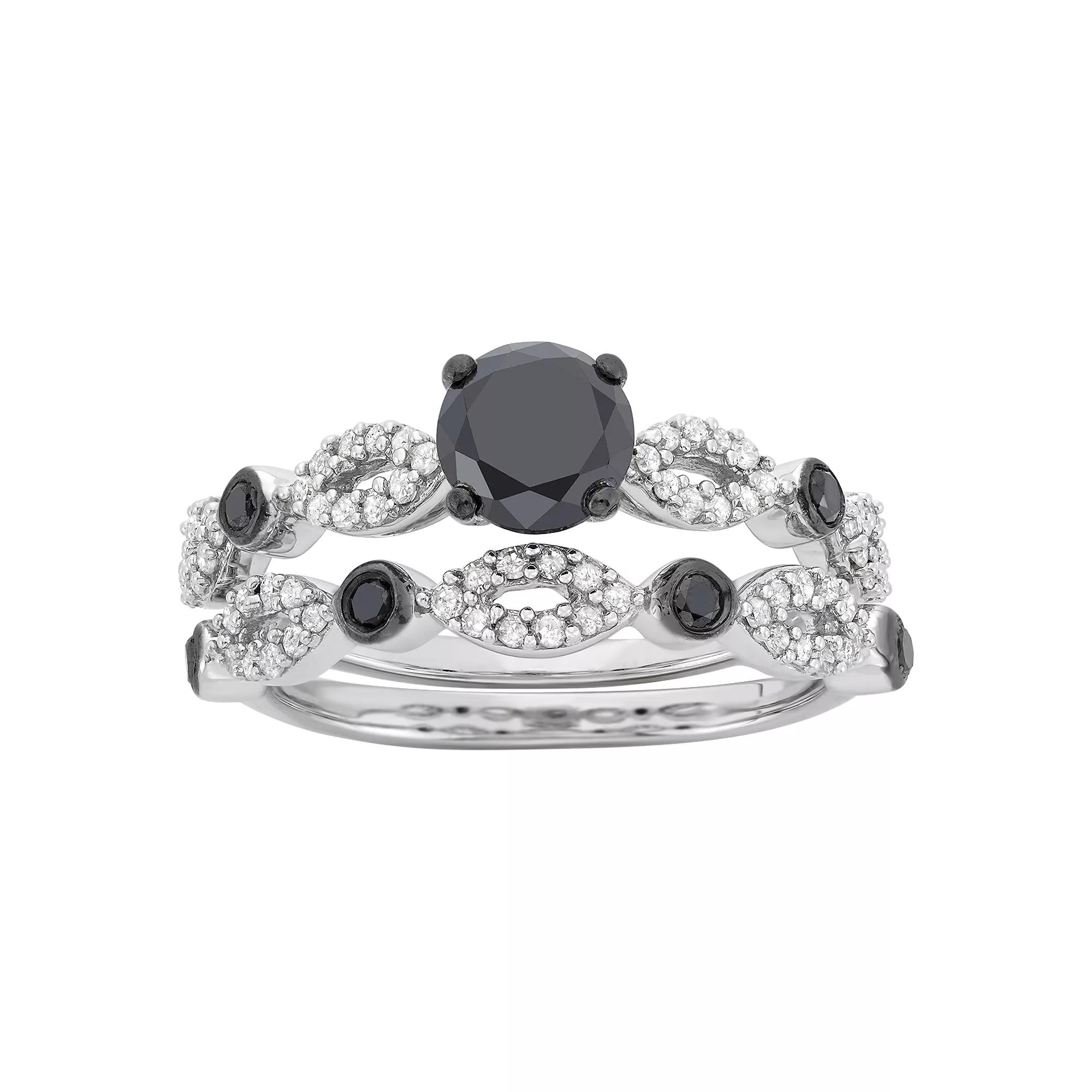 Sterling Silver 1 1/2 Carat T.W. Black & White Diamond Engagement Ring Set, Women's, Size: 9 Product Image