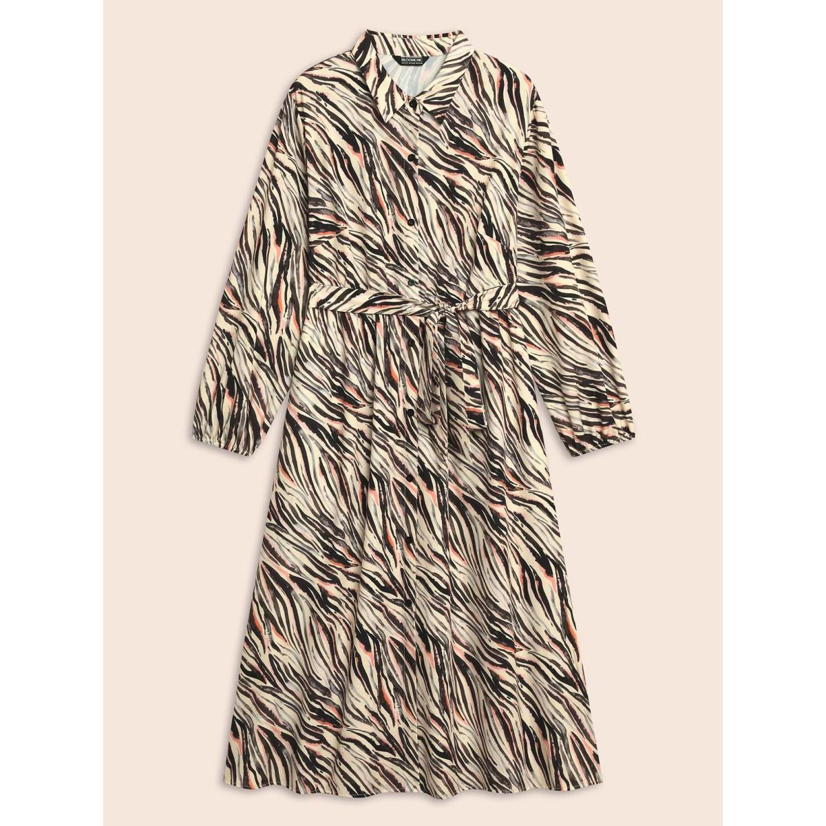 Plus Size Zebra Print Shirt Collar Belted Dress Multicolor Women Elegant Belted Shirt collar Long Sleeve Curvy BloomChic 30/6X Product Image