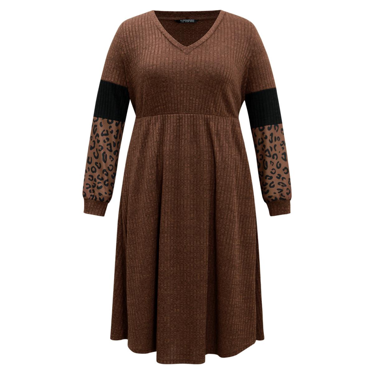 Plus Size Rib Knit Leopard Print Patchwork Dress Chocolate Women Casual Rib Knit V-neck Long Sleeve Curvy Midi Dress BloomChic 22-24/3X Product Image