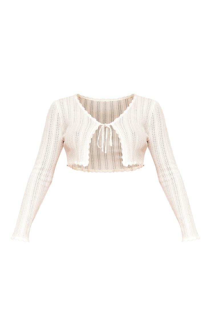 Cream Textured Crochet Knit Tie Front Top Product Image