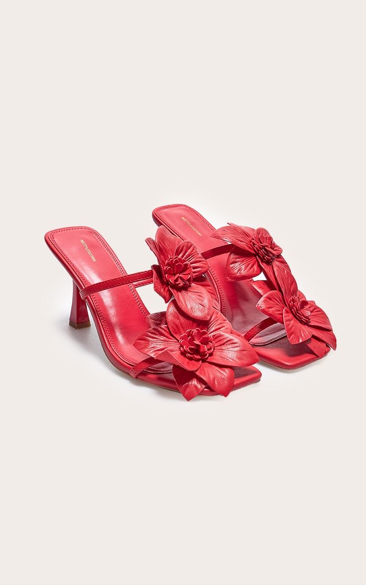 Red Pu Square Toe Multi Flower Detail Mid Stiletto Heeled Mules Product Image