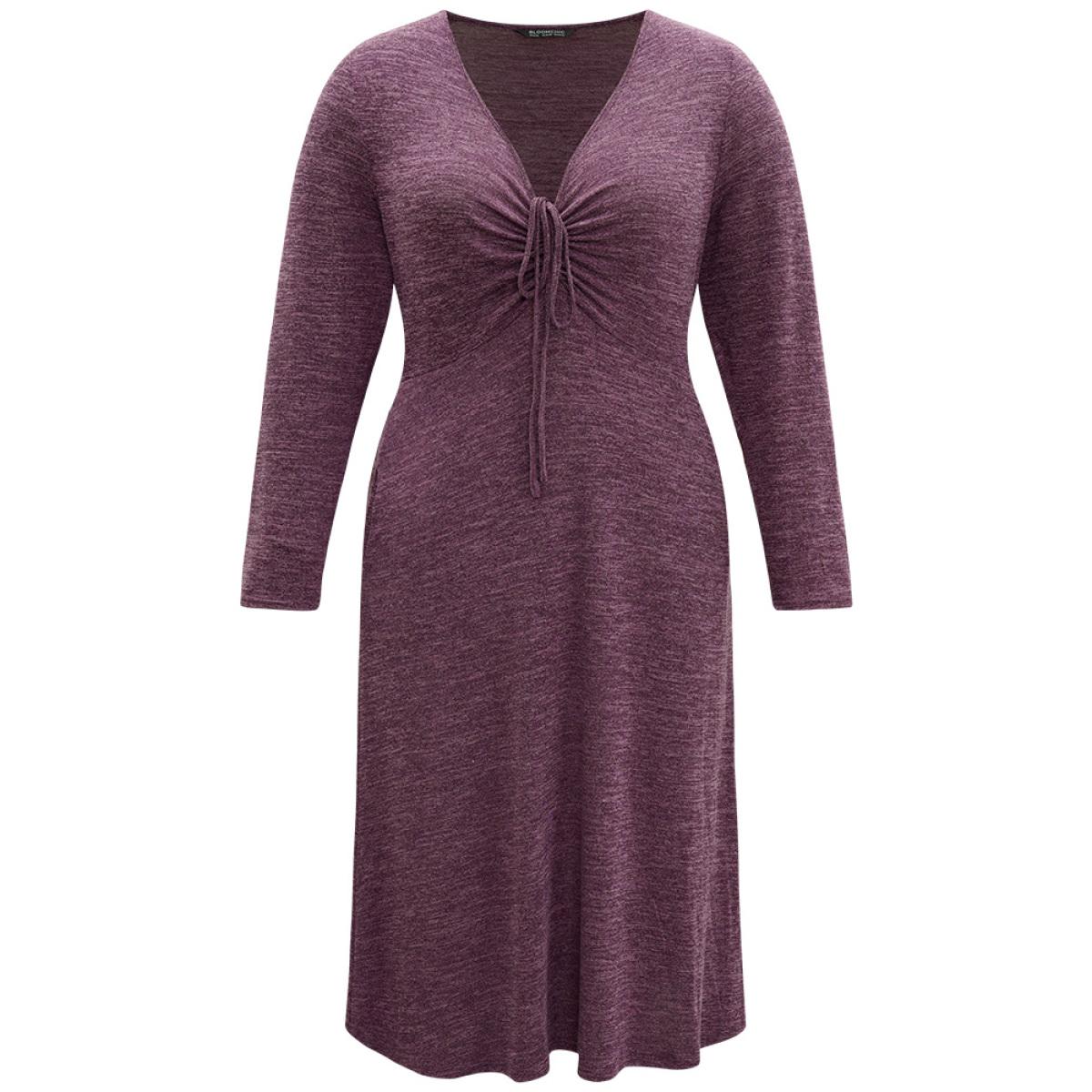 Plus Size Solid Ruched Drawstring Bowknot Pocket Dress Purple Women Casual Gathered Tie Neck Long Sleeve Curvy Midi Dress BloomChic 26/4X Product Image