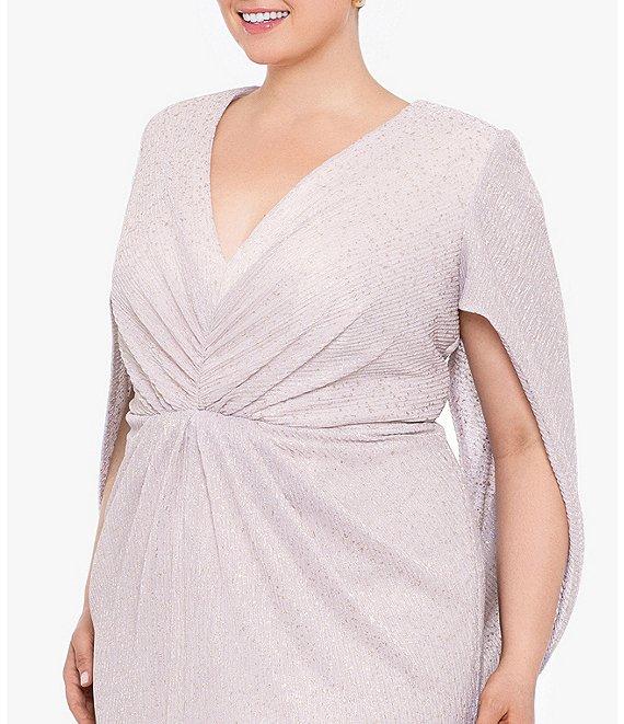 Betsy & Adam Plus Size 3/4 Cape Sleeve Deep V-Neck Drape Back Long Dress Product Image