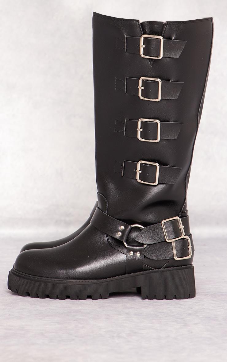 Black Wide Fit PU Round Toe Multi Buckle Calf High Boots  Product Image