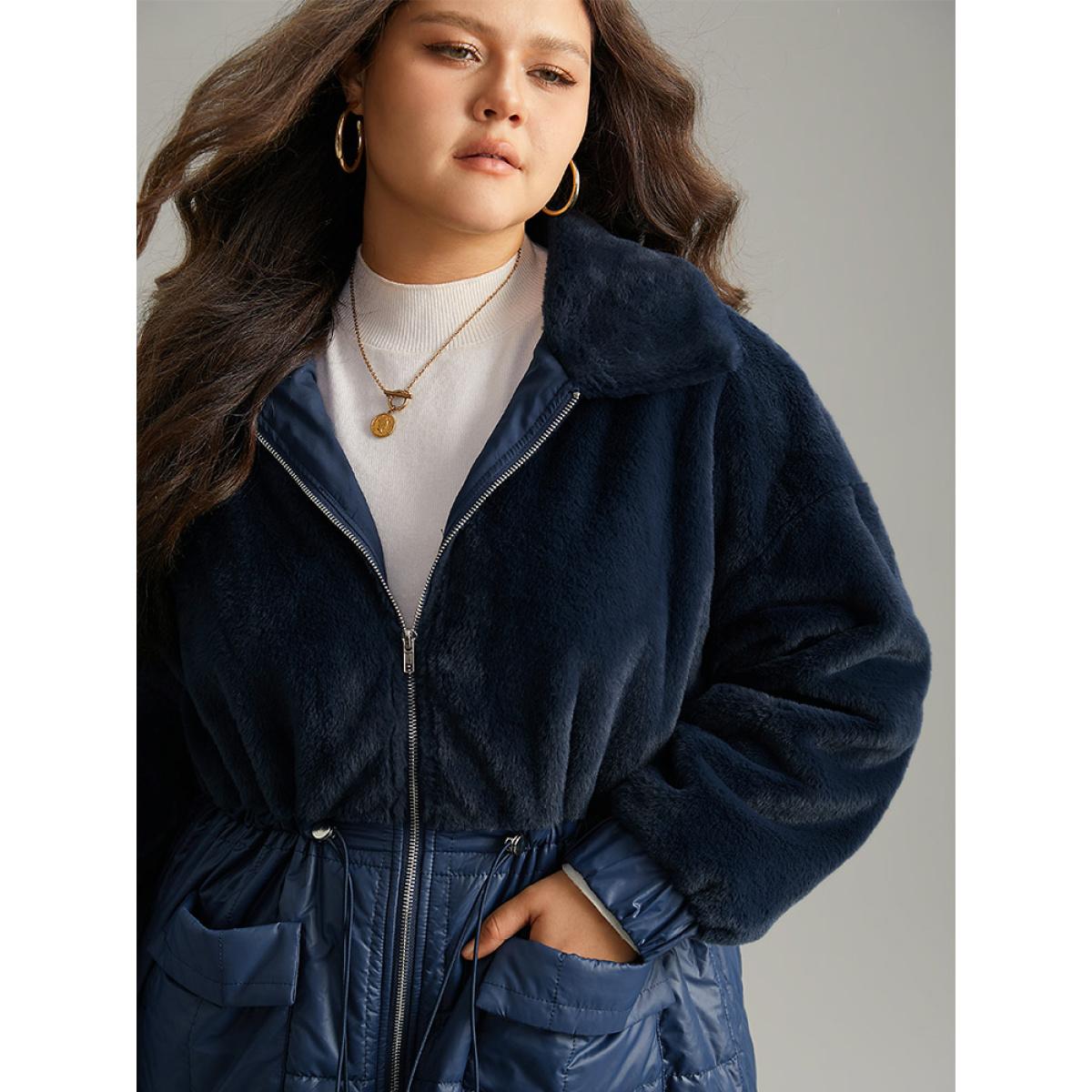 Plus Size Fuzzy Patchwork Zipper Drawstring Coat Women Indigo Casual Plain Ladies Dailywear Winter Coats BloomChic 14-16/1X Product Image