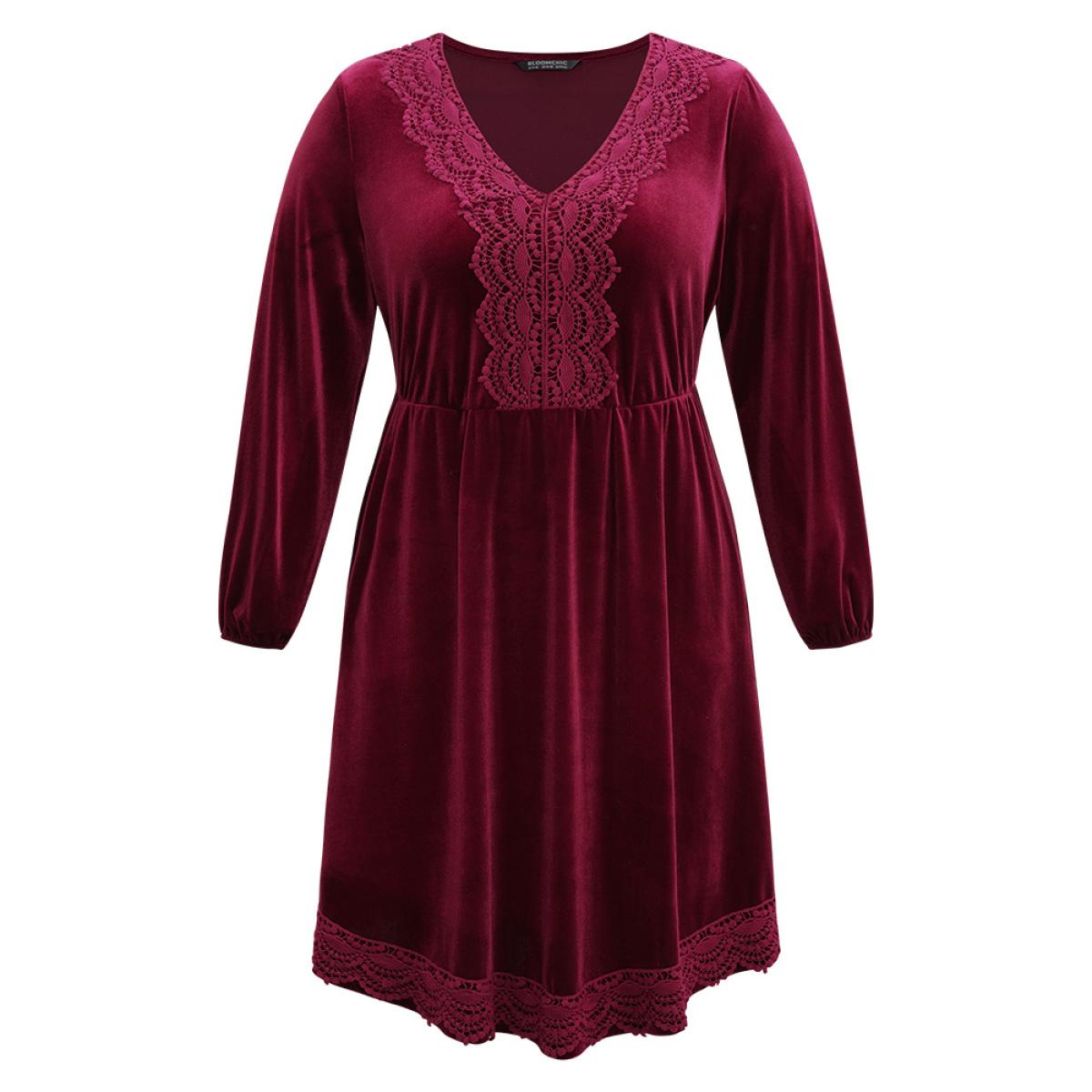 Plus Size Velvet Lace Panel Elastic Cuffs Dress Burgundy Women Elegant Elastic cuffs V-neck Long Sleeve Curvy Midi Dress BloomChic 12/L Product Image