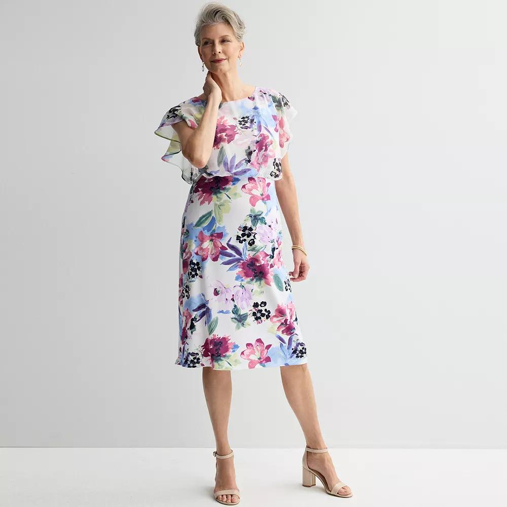 Women's Studio Connection Sheer Overlay Flutter Sleeve Midi Dress, Size: 8, Multi Floral Product Image