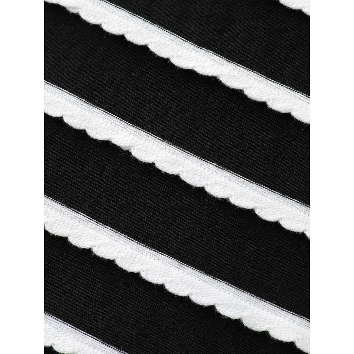 Plus Size Stripe Textured Lotus Leaf Sleeve T-Shirt Black Women Texture Round Neck Everyday-Casual T-shirts BloomChic 22-24/3X Product Image