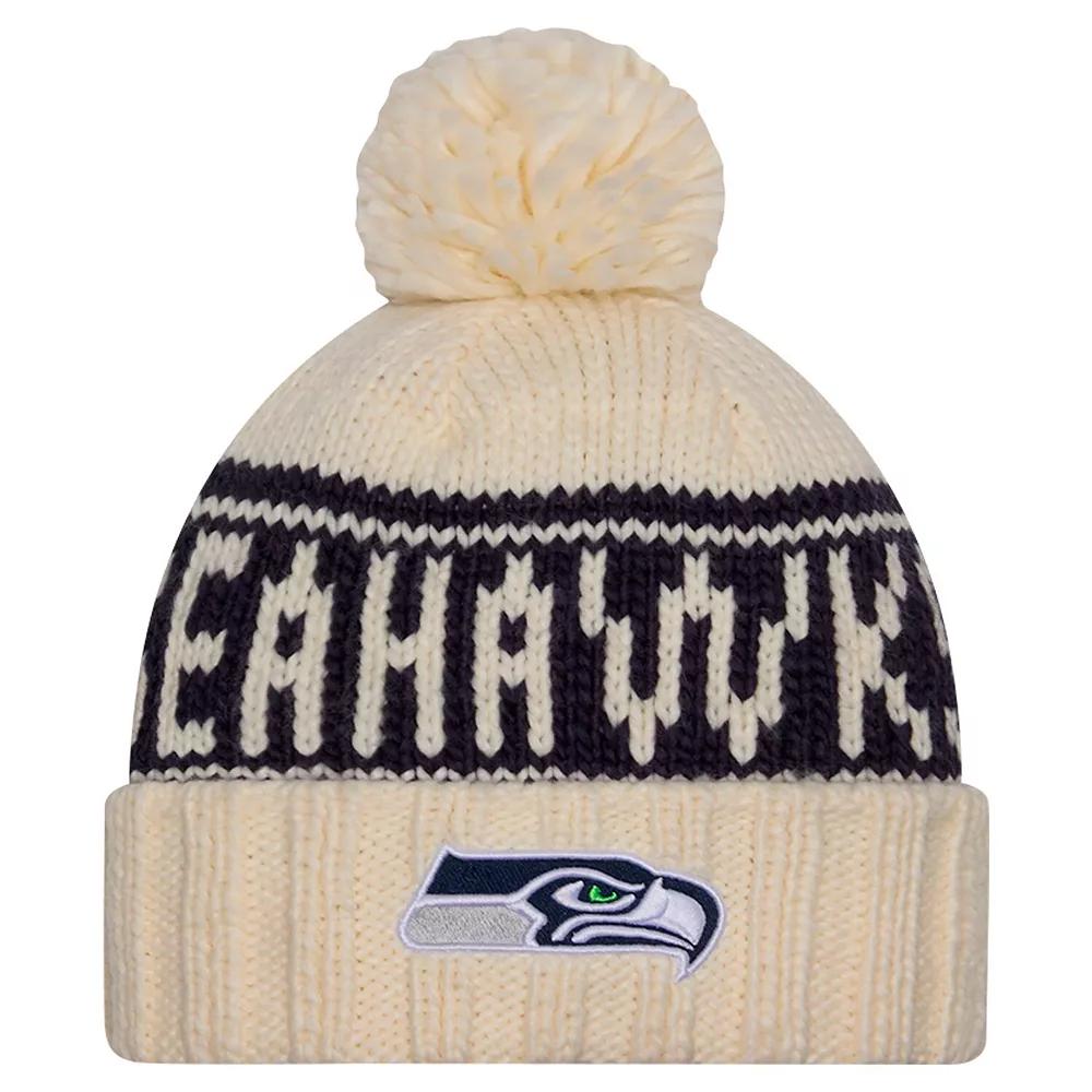 Women's New Era Cream Seattle Seahawks 2024 Sideline Cuffed Knit Hat with Pom, Beige Product Image