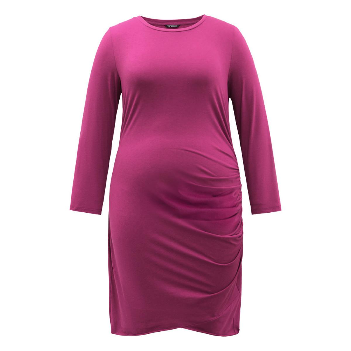 Plus Size Supersoft Essentials Solid Crew Neck Gathered Dress RedViolet Women Casual Gathered Round Neck Long Sleeve Curvy Knee Dress BloomChic 18-20/2X Product Image