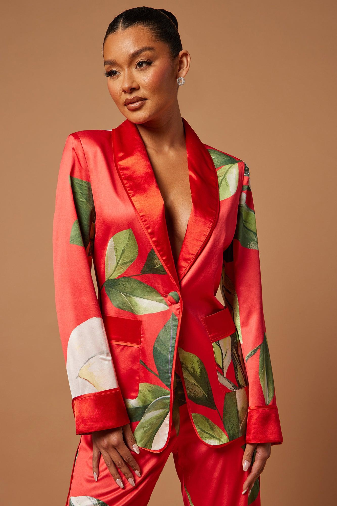 Ophelia Satin Floral Pant Suit Set - Red/combo Product Image