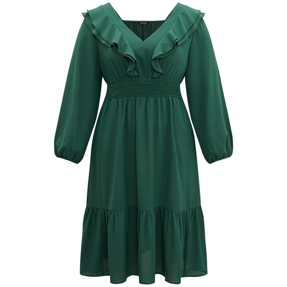 Plus Size Solid Shirred Ruffle Trim Pleated Dress DarkGreen Women Vacation Elastic cuffs V-neck Long Sleeve Curvy Midi Dress BloomChic 30/6X Product Image