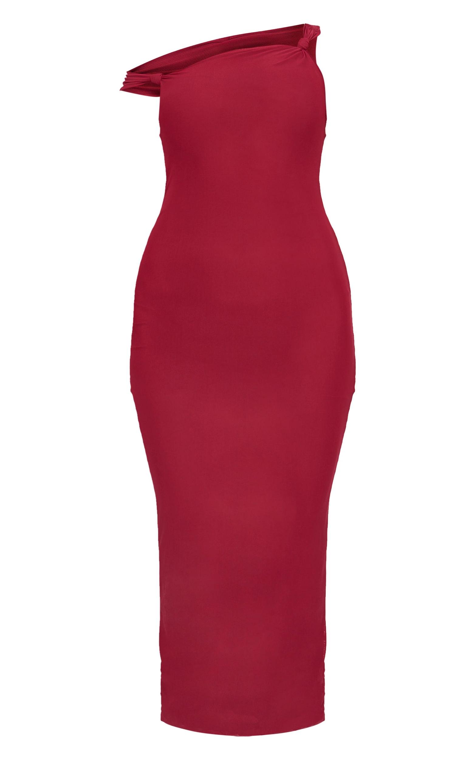 Burgundy Lined Mesh Asymmetrical Knotted Midaxi Dress Product Image