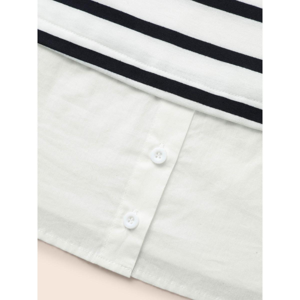 Plus Size 2-In-1 Striped Patchwork Button Detail Sweatshirt Women Navy Casual Contrast Round Neck Everyday Sweatshirts BloomChic 18-20/2X Product Image