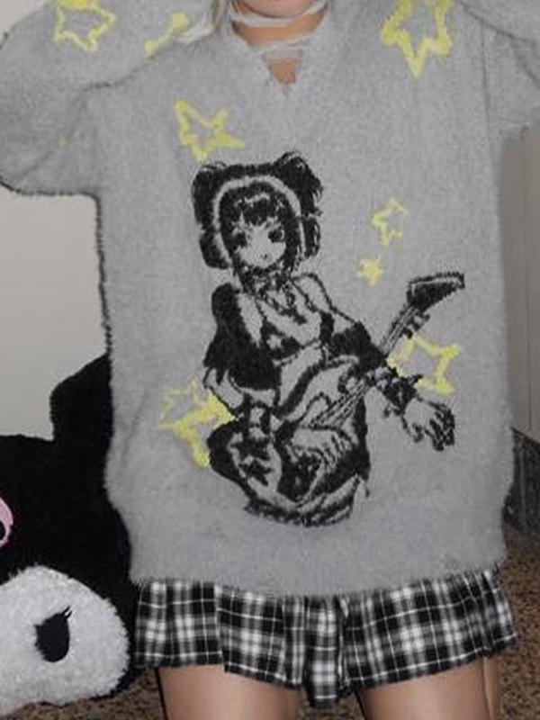 Anime Print V Neck Loose Sweater Product Image