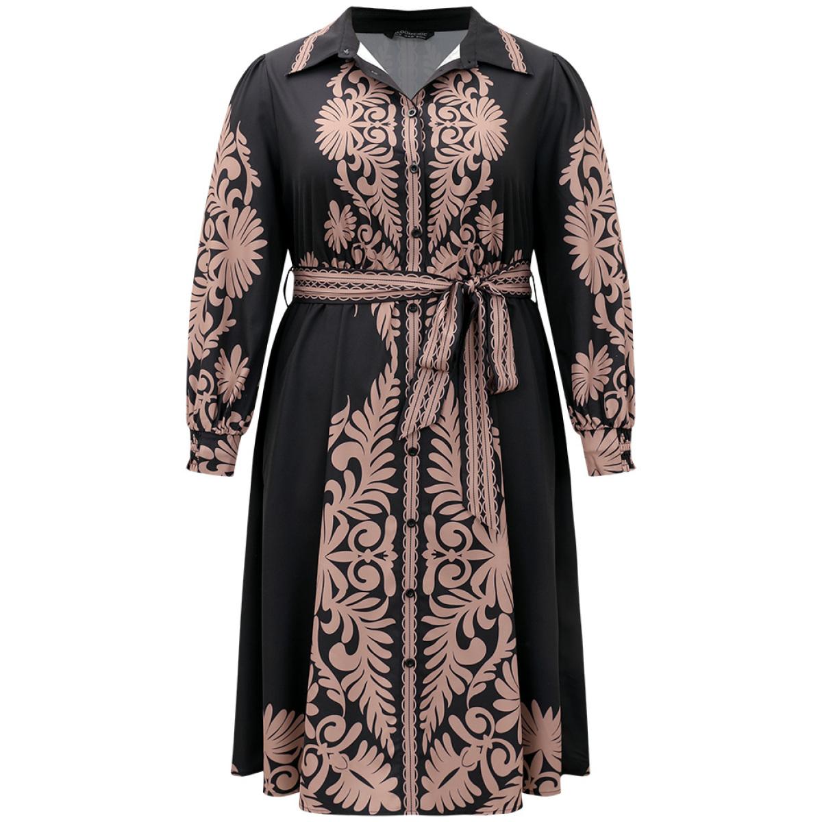 Plus Size Boho Print Shirt Collar Belted Dress Black Women Vacation Belted Shirt collar Long Sleeve Curvy Midi Dress BloomChic 28/5X Product Image