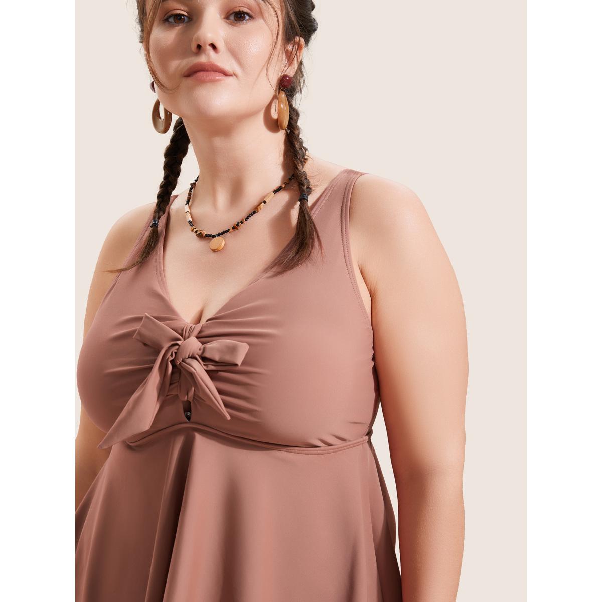 Plus Size Lace Trim Bowknot Front Ruched One Piece Swimsuit Women's Swimwear Rouge Beach Gathered Curve Bathing Suits High stretch One Pieces BloomChic 10/M Product Image