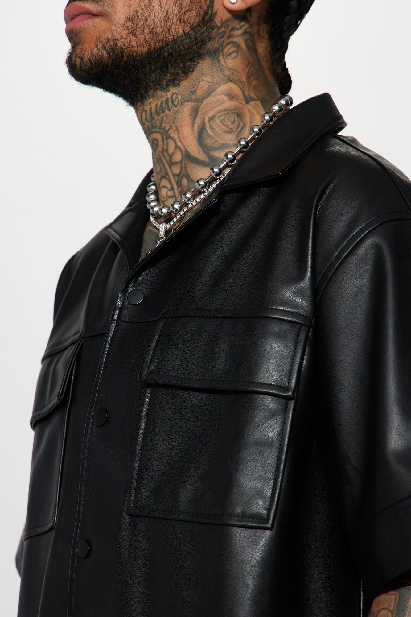 Cropped High Stepper Faux Leather Button Up Shirt - Black Product Image