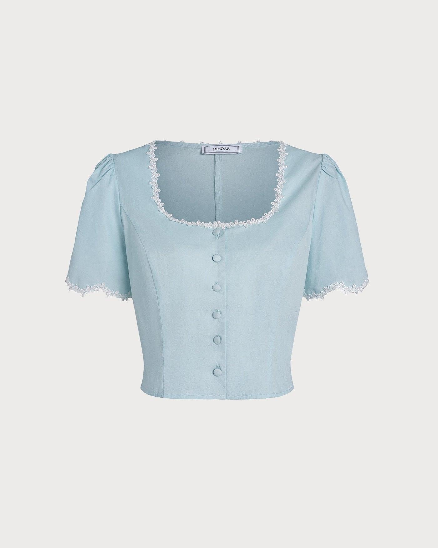 Light Blue Lace Button Square Neck Shirt Product Image