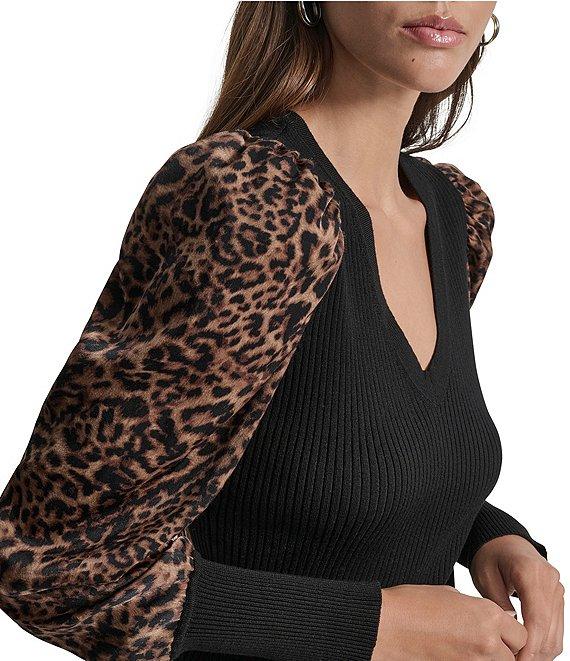 DKNY by Donna Karan Knit Mix Media Cheetah Print Puff Long Sleeve Top Product Image