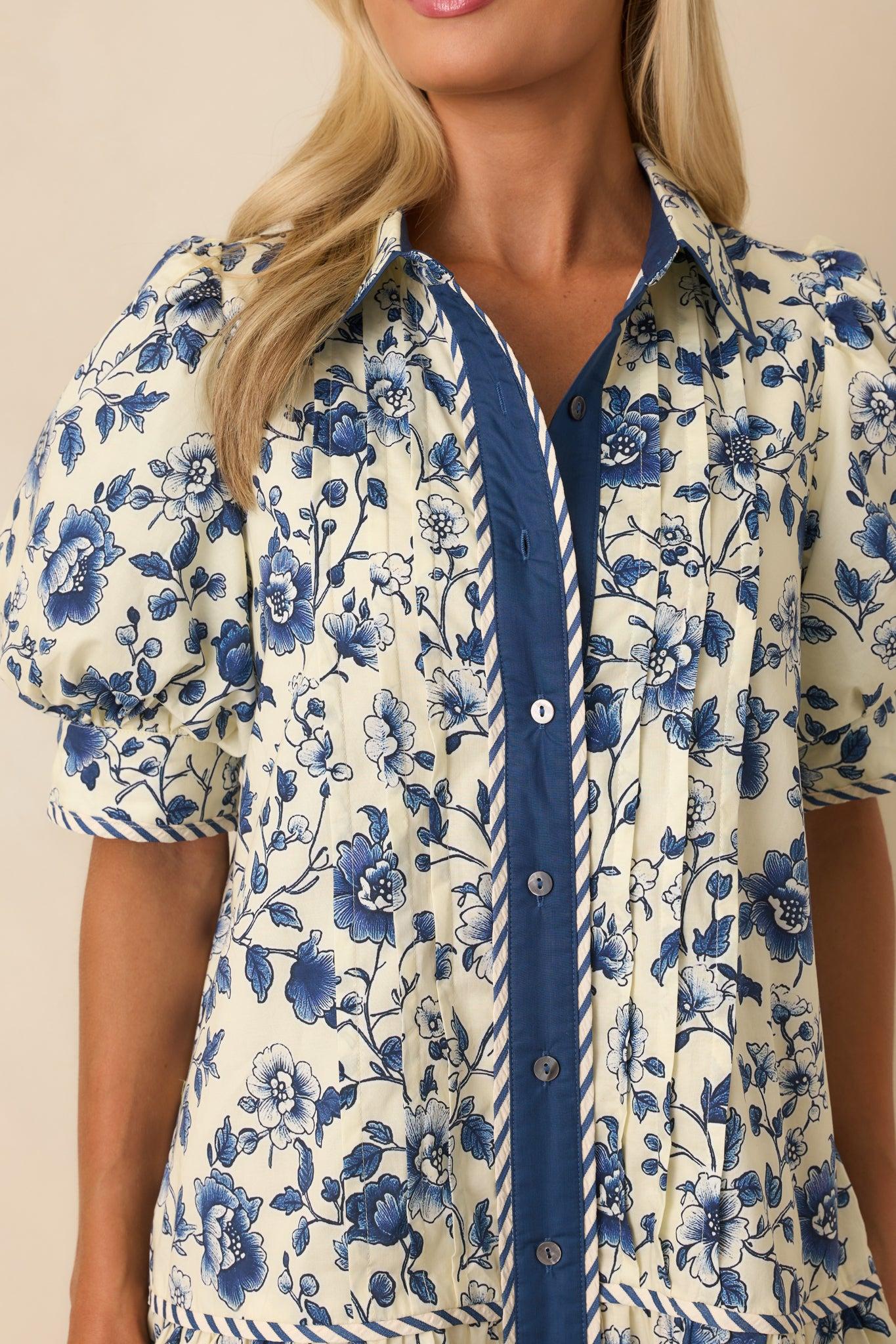 As It Happens Navy Floral Print Cotton Puff Sleeve Mini Dress Product Image