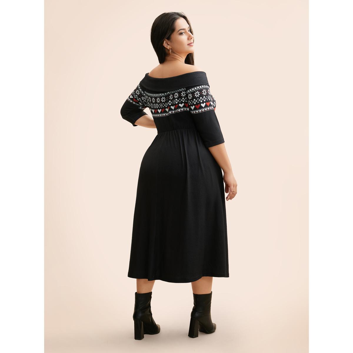 Plus Size Geometric Off Shoulder Neck Midi Dress Black Women Elegant Non One-shoulder neck Elbow-length sleeve Curvy BloomChic 10/M Product Image