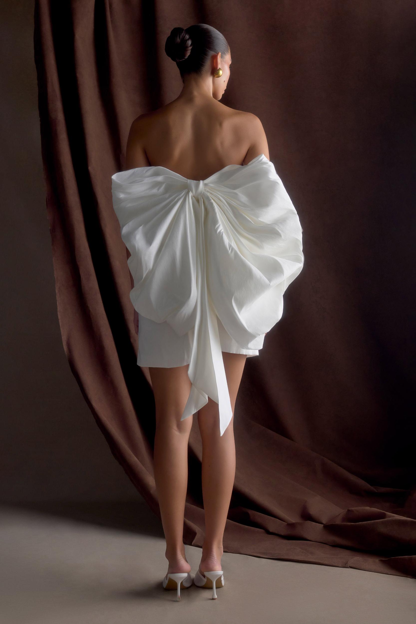 Suzette Taffeta Bow Mini Dress - White Product Image