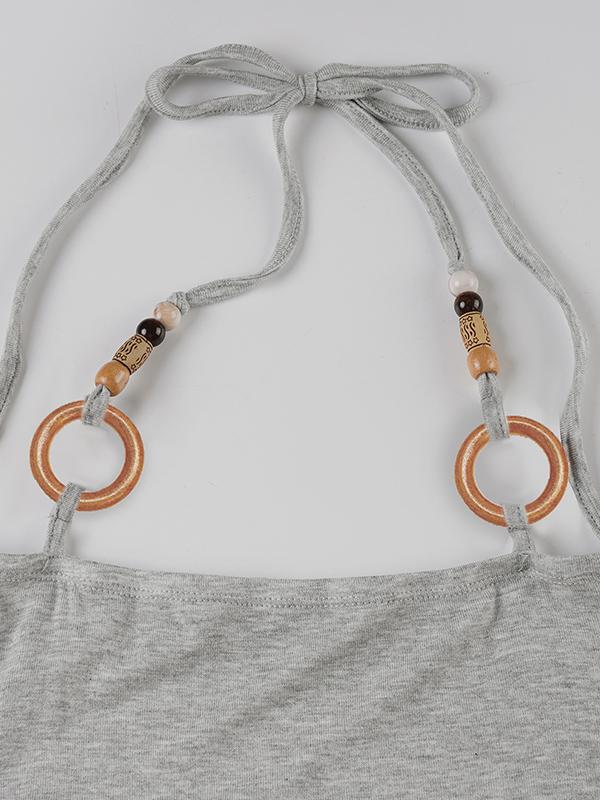 Wooden Bead Necklace Tie-Front Short Sleeve Product Image