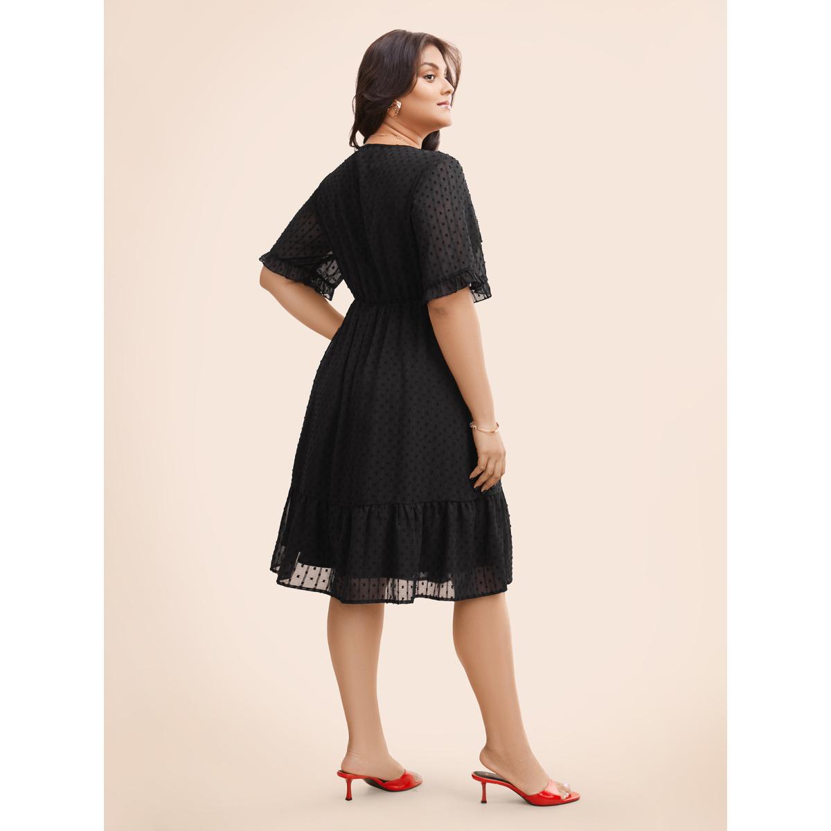 Plus Size Jacquard V Neck Ruffle Sleeve Dress Black Women Elegant Texture V-neck Half Sleeve Curvy BloomChic 30/6X Product Image