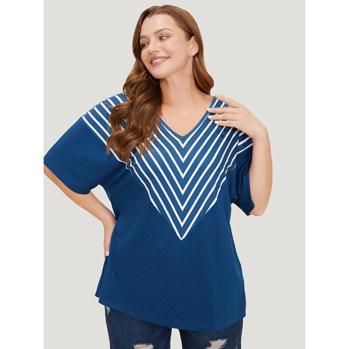 Plus Size Striped V Neck Batwing Sleeve Geometric T-shirt DarkBlue Women Casual Geometric V-neck Dailywear T-shirts BloomChic 26/4X Product Image